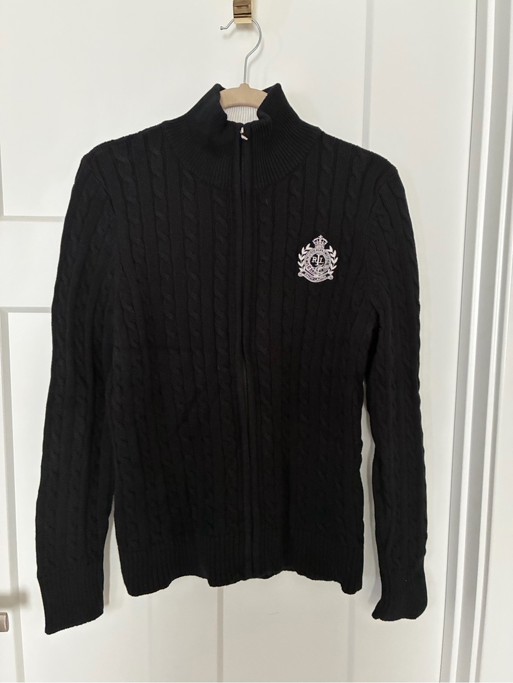 Ralph Lauren Black Cable Zip-Up Sweater with Embroidered Crest